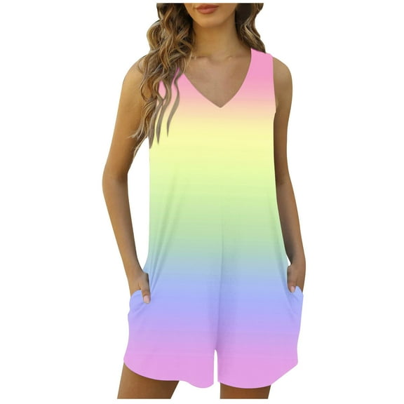 aidice Summer Jumpsuits for Women Casual V Neck Sleeveless Comfy Multi Color Hidden Zipper Shorts Rompers