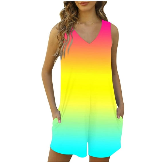 aidice Summer Jumpsuits for Women Casual V Neck Sleeveless Comfy Multi Color Hidden Zipper Shorts Rompers