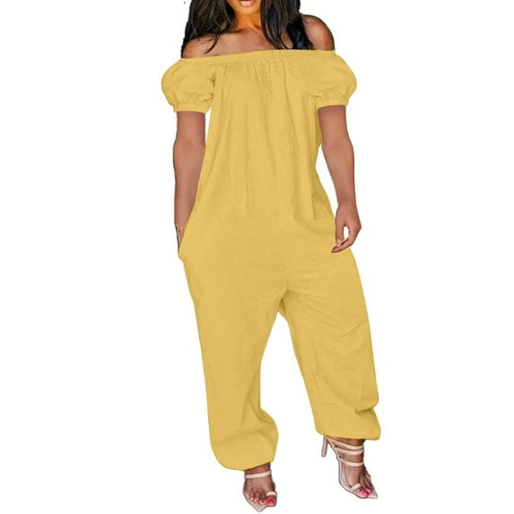 aidice Summer Jumpsuits for Women Cotton Linen off Shoulder Short Sleeve Lightweight Loose Casual Rompers