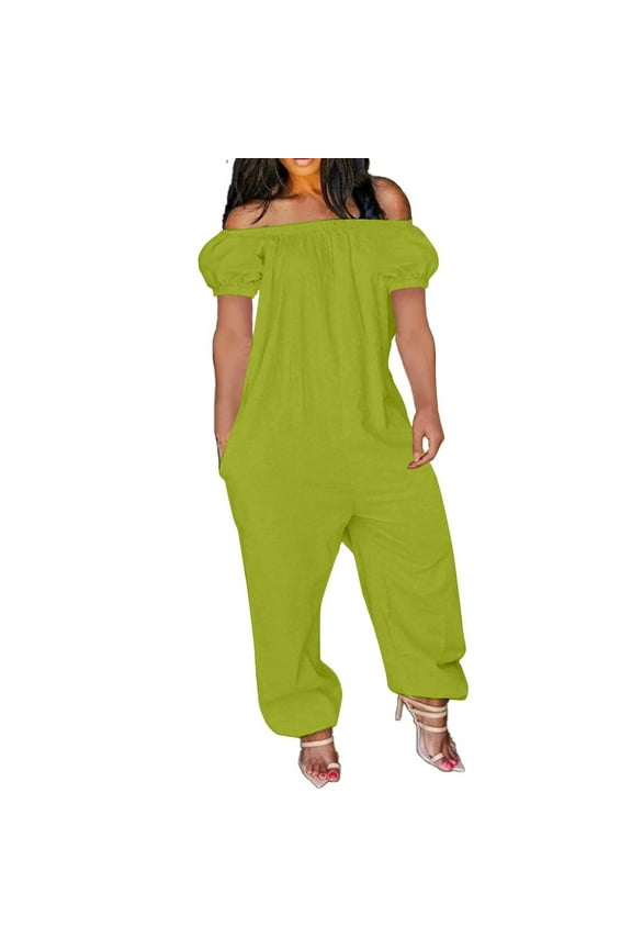 Summer Jumpsuits for Women Cotton Linen off Shoulder Short Sleeve Lightweight Loose Casual Rompers