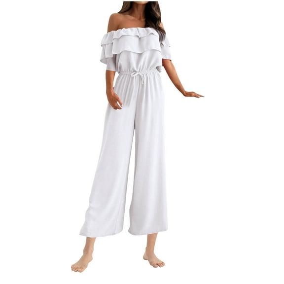 aidice Summer Jumpsuits for Women Off-Shoulder Ruffle Drawstring Waisted Casual Cropped Pants Rompers