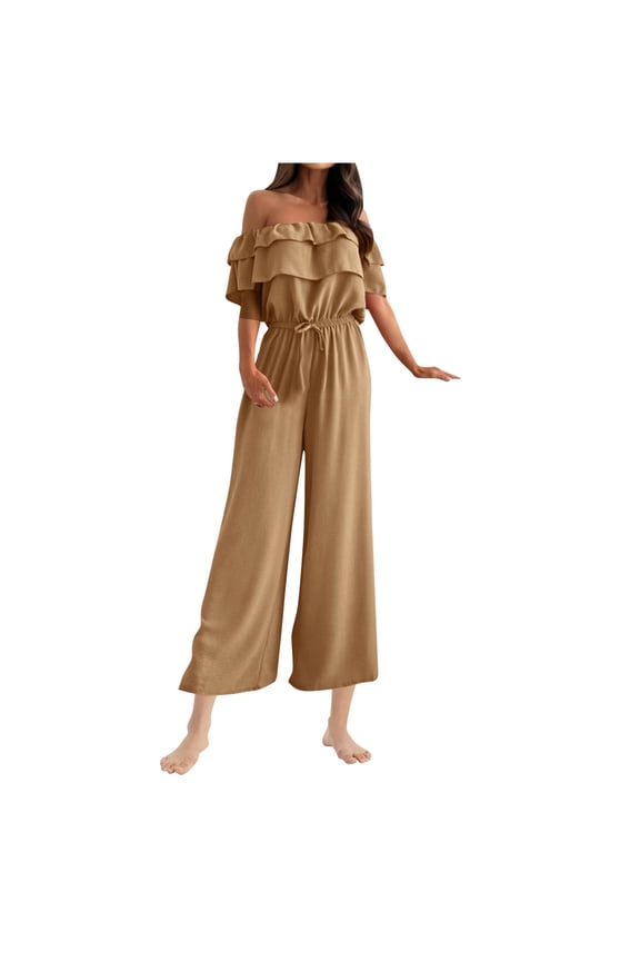 Summer Jumpsuits for Women Off-Shoulder Ruffle Drawstring Waisted Casual Cropped Pants Rompers
