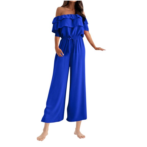 aidice Summer Jumpsuits for Women Off-Shoulder Ruffle Drawstring Waisted Casual Cropped Pants Rompers