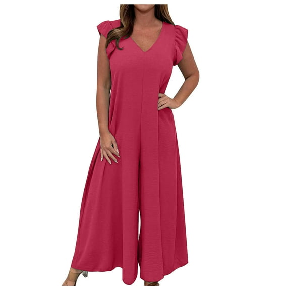 aidice Summer Jumpsuits for Women Ruffle Cap Sleeve V Neck Keyhole Comfy Casual Wide Leg Pants Rompers