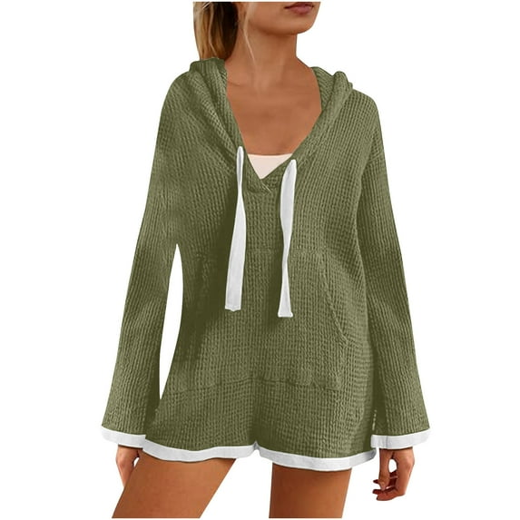 aidice Summer Jumpsuits for Womens Casual Drawstring Hooded Long Sleeve Loose Shorts Rompers with Pockets