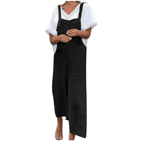 aidice Summer Overalls for Women Cotton Linen Casual Lightweight Loose Cropped Pants Jumpsuits Pockets