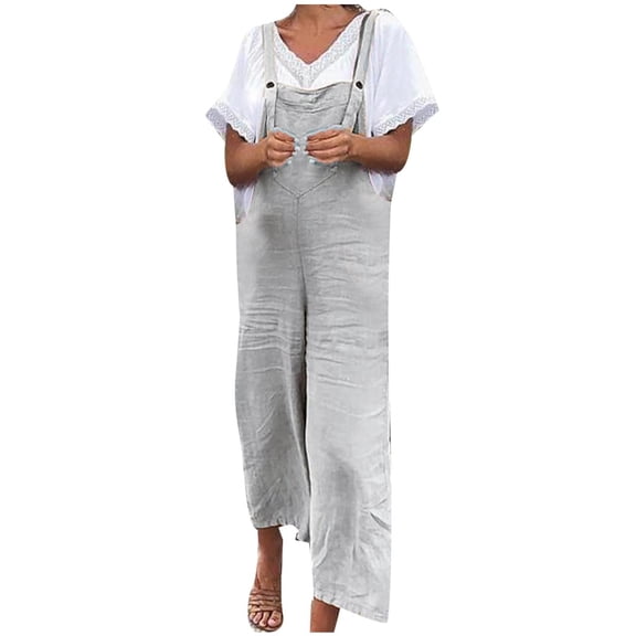 aidice Summer Overalls for Women Cotton Linen Casual Lightweight Loose Cropped Pants Jumpsuits Pockets