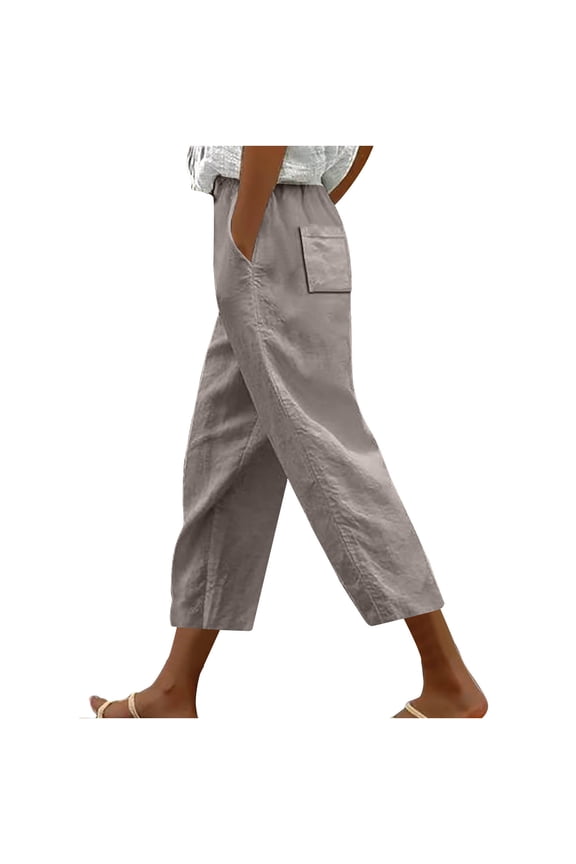 Summer Pants for Women Capris Casual Loose Drawstring Elastic Waisted Cropped Pants Pockets