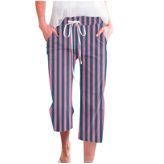 aidice Summer Pants for Women Capris Casual Loose Lightweight Cropped Striped Drawstring Pants Pockets