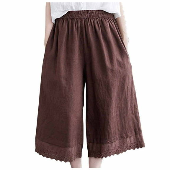aidice Summer Pants for Women Capris Wide Leg Casual Hollow out Lightweight Cropped Trousers Pockets