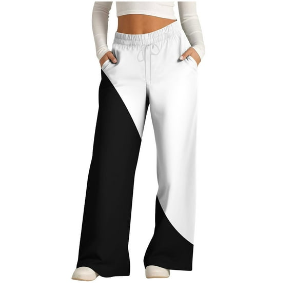 aidice Summer Pants for Women Casual Loose Drawstring Ruched Wide Leg Color Block Trousers with Pockets