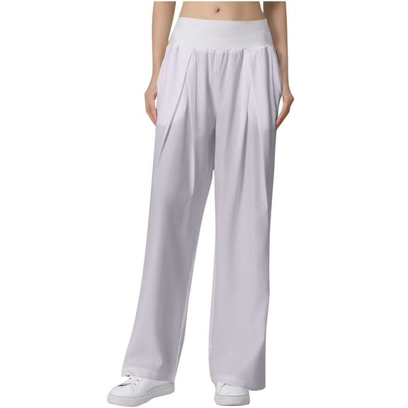 aidice Summer Pants for Women Casual Loose Mid Waisted Ruched Wide Leg Athletic Pants with Pockets
