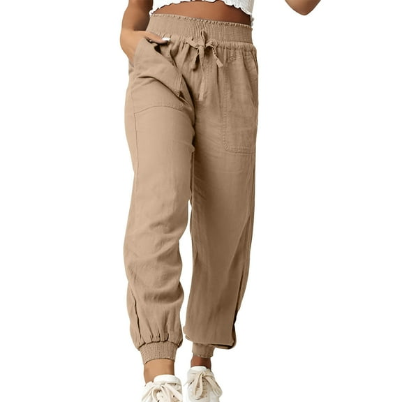 aidice Summer Pants for Women Smocked Elastic Waisted Drawstring Fitting Jogger Pants with Pockets