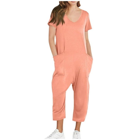 aidice Summer Romper for Women Casual V Neck Short Sleeve Cropped Keyhole Homewear Capri Pants Jumpsuits