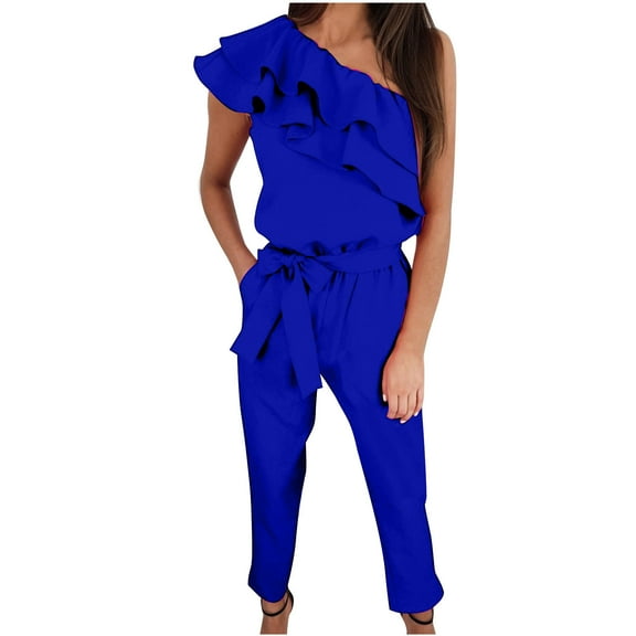 aidice Summer Romper for Women Dressy off Shoulder Ruffle Fitting Split Side Belt Casual Pants Jumpsuits