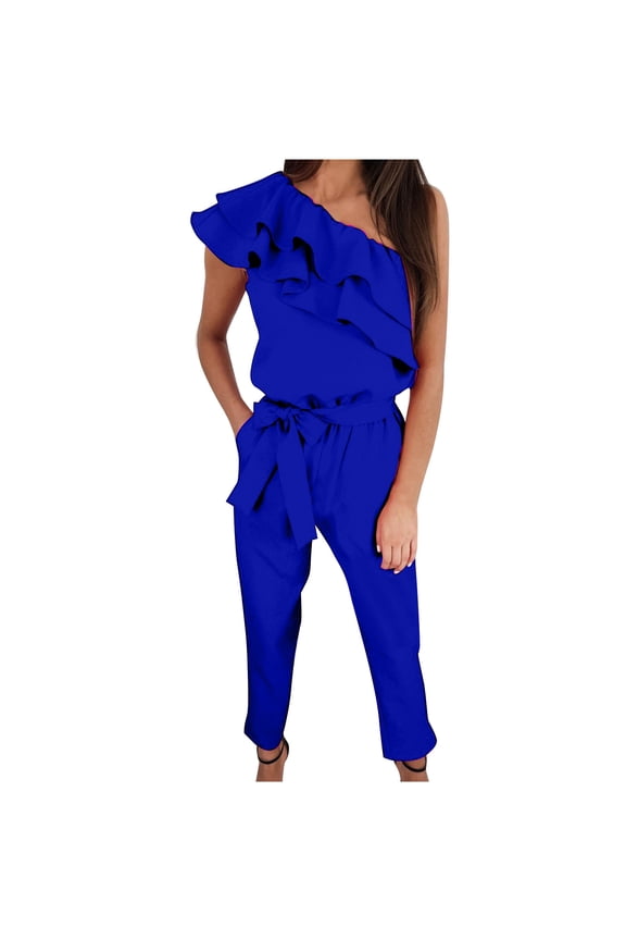 Summer Romper for Women Dressy off Shoulder Ruffle Fitting Split Side Belt Casual Pants Jumpsuits