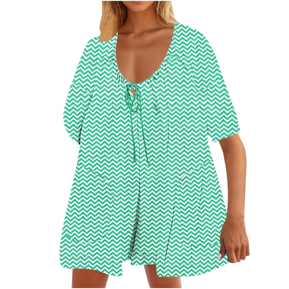 aidice Summer Rompers for Women Casual Scoop Neck Drawstring Half Sleeve Striped Loose Shorts Jumpsuits