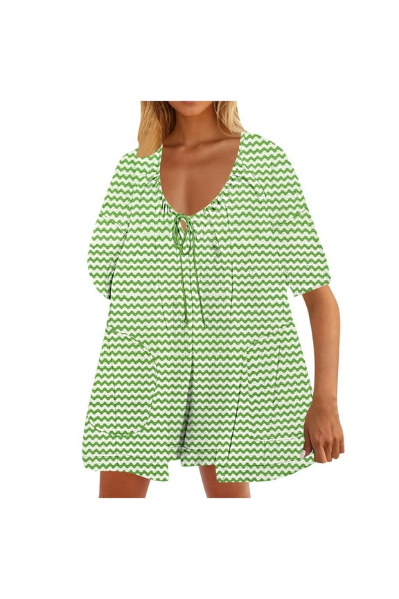 Summer Rompers for Women Casual Scoop Neck Drawstring Half Sleeve Striped Loose Shorts Jumpsuits