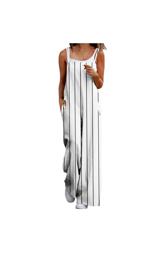 Summer Rompers for Women Spaghetti Strap Striped Side Split Casual Wide Leg Pants Jumpsuits with Pockets