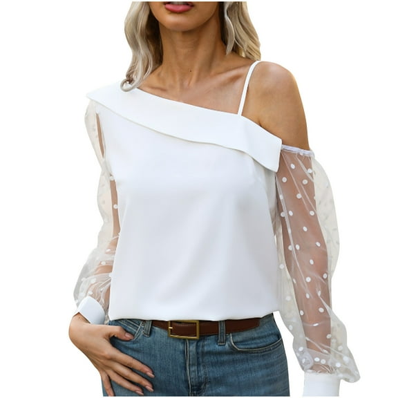 aidice Summer Shirts for Women Casual off Shoulder Long Sleeve Mesh Spaghetti Strap Loose Trendy Tops