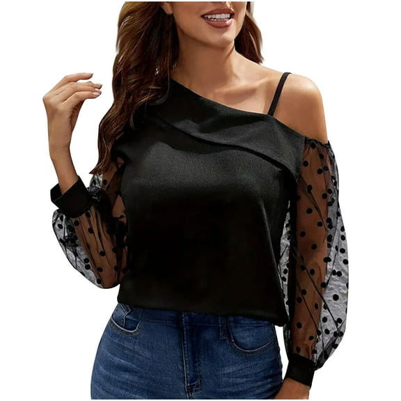 aidice Summer Shirts for Women Casual off Shoulder Long Sleeve Mesh Spaghetti Strap Loose Trendy Tops