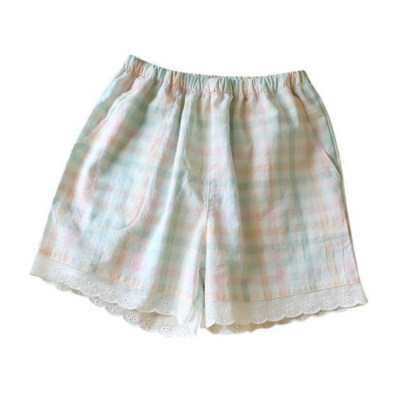 aidice Summer Shorts for Women Casual Elastic Waisted Loose Plaid Comfy Lace Homewear Shorts with Pockets