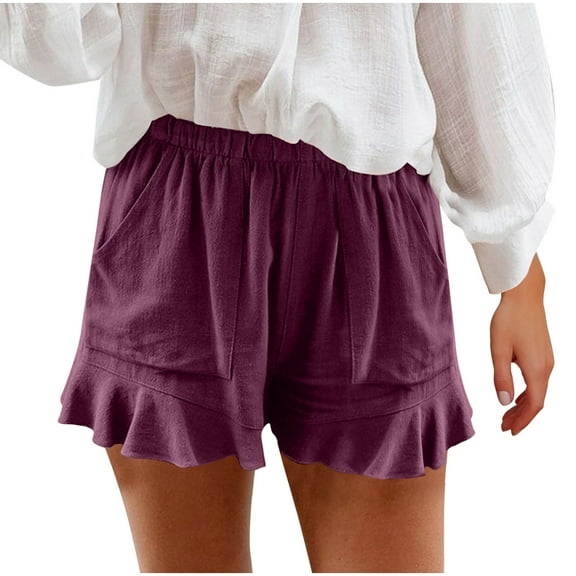 aidice Summer Shorts for Women Casual Ruffle Loose Elastic Waisted Solid Color Shorts with Pockets