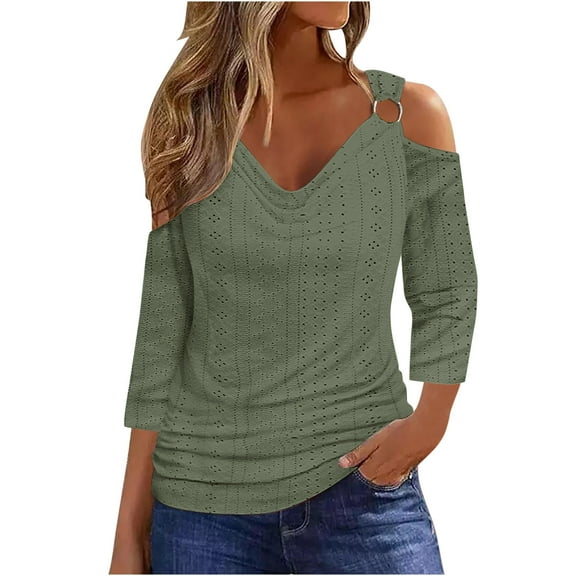 aidice Summer T Shirts for Women Casual Eyelet Cold Shoulder 3/4 Sleeve Tops Comfy Fitting Tee Shirts