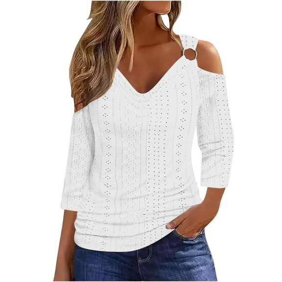 aidice Summer T Shirts for Women Casual Eyelet Cold Shoulder 3/4 Sleeve Tops Comfy Fitting Tee Shirts