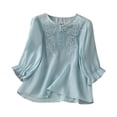thumbnail image 1 of aidice Summer T Shirts for Women Casual Round Neck 3/4 Sleeve Button Shirts Loose Embroidery Tops, 1 of 9