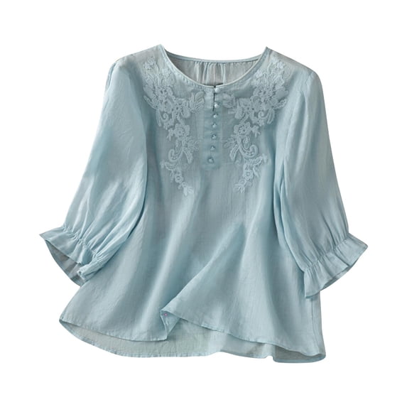 aidice Summer T Shirts for Women Casual Round Neck 3/4 Sleeve Button Shirts Loose Embroidery Tops