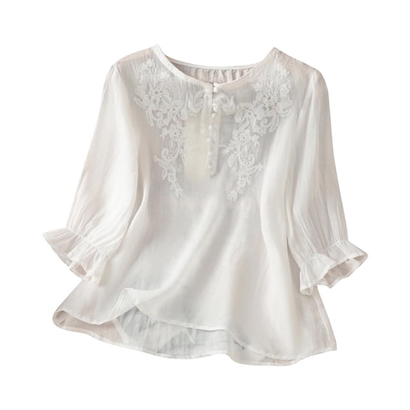 aidice Summer T Shirts for Women Casual Round Neck 3/4 Sleeve Button Shirts Loose Embroidery Tops