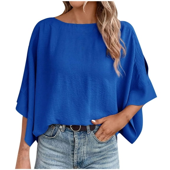 aidice Summer T Shirts for Women Casual Round Neck Split 3/4 Sleeve Tops Loose Comfy Oversize Shirts