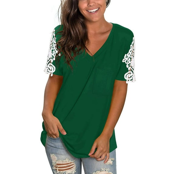 aidice Summer T Shirts for Women Lace Short Sleeve V Neck Loose Shirts Casual Comfy Solid Color Tops