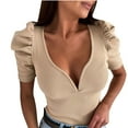 thumbnail image 1 of aidice Summer T Shirts for Women Ribbed V Neck Puff Sleeve Slim Fitted Shirts Casual Comfy Going out Tops, 1 of 6