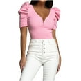 thumbnail image 1 of aidice Summer T Shirts for Women Ribbed V Neck Puff Sleeve Slim Fitted Shirts Casual Comfy Going out Tops, 1 of 7