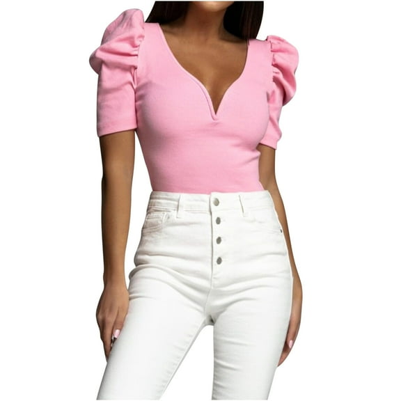 aidice Summer T Shirts for Women Ribbed V Neck Puff Sleeve Slim Fitted Shirts Casual Comfy Going out Tops