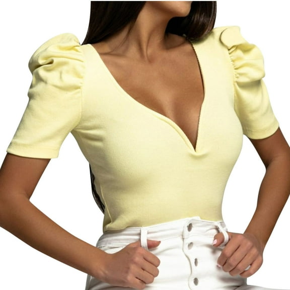 aidice Summer T Shirts for Women Ribbed V Neck Puff Sleeve Slim Fitted Shirts Casual Comfy Going out Tops
