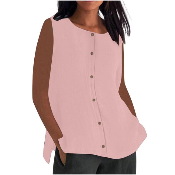 aidice Summer Tops for Women Button up Round Neck Sleeveless Shirts Lightweight Loose Casual Tank Tops