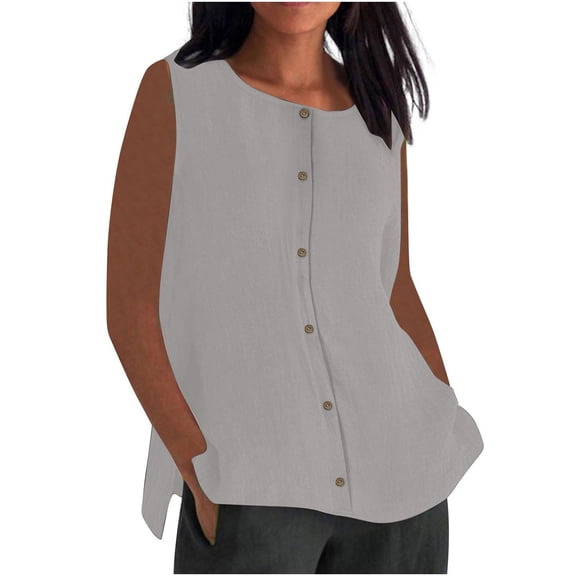 aidice Summer Tops for Women Button up Round Neck Sleeveless Shirts Lightweight Loose Casual Tank Tops