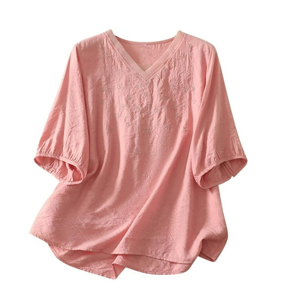 aidice Summer Tops for Women Casual V Neck 3/4 Sleeve Shirts Loose Embroidery Lightweight Tee Shirts