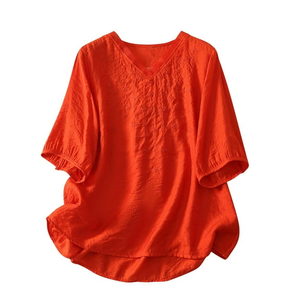 aidice Summer Tops for Women Casual V Neck 3/4 Sleeve Shirts Loose Embroidery Lightweight Tee Shirts