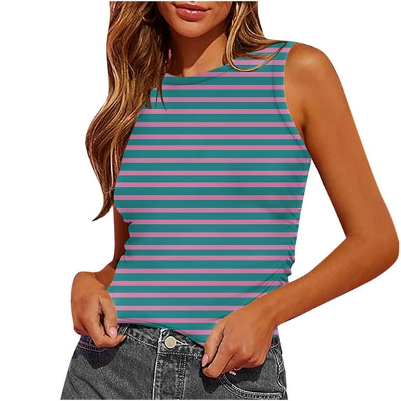 aidice Summer Tops for Women Round Neck Sleeveless Comfy Ruched Tshirts Casual Striped Tank Tops Fashion