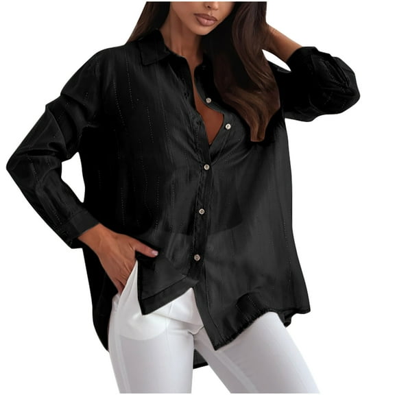 aidice Summer Tops for Women Thin Lapel Neck Long Sleeve Button up Lightweight Loose Casual Shirts