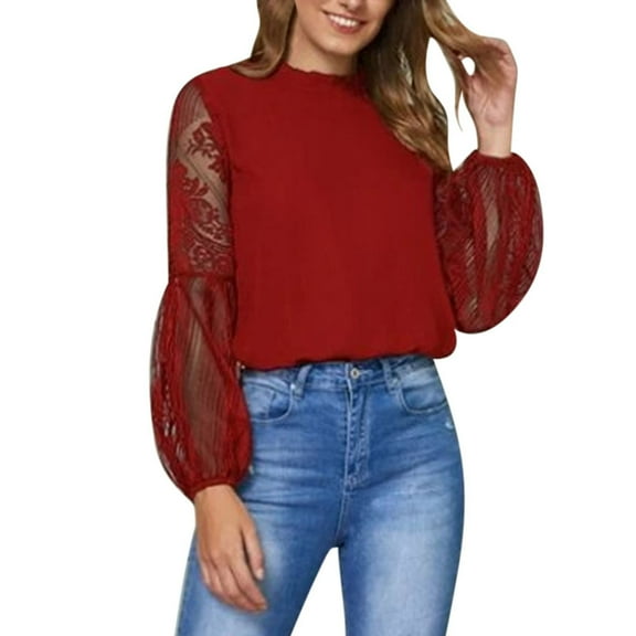aidice Summer Tops for Women Trendy Crewneck Lace Long Sleeve Loose Solid Color Casual Tee Shirts