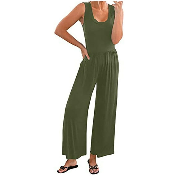 aidice Summer Womens Jumpsuits Casual U Neck Sleeveless Solid Color Loungewear Wide Leg Pants Rompers