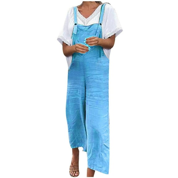 aidice Summer Womens Jumpsuits Cotton Linen Adjustable Strap Lightweight Cropped Capri Pants Rompers with Pockets