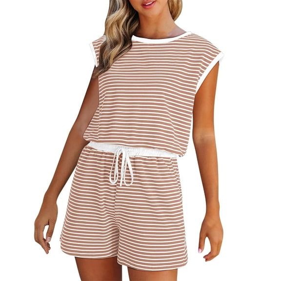 aidice Summer Womens Jumpsuits Crewneck Cap Sleeve Drawstring Elastic Waisted Loose Strap Shorts Rompers