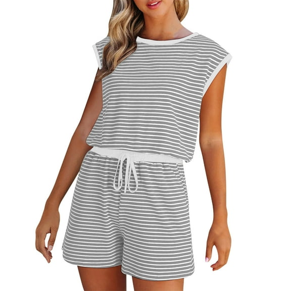 aidice Summer Womens Jumpsuits Crewneck Cap Sleeve Drawstring Elastic Waisted Loose Strap Shorts Rompers