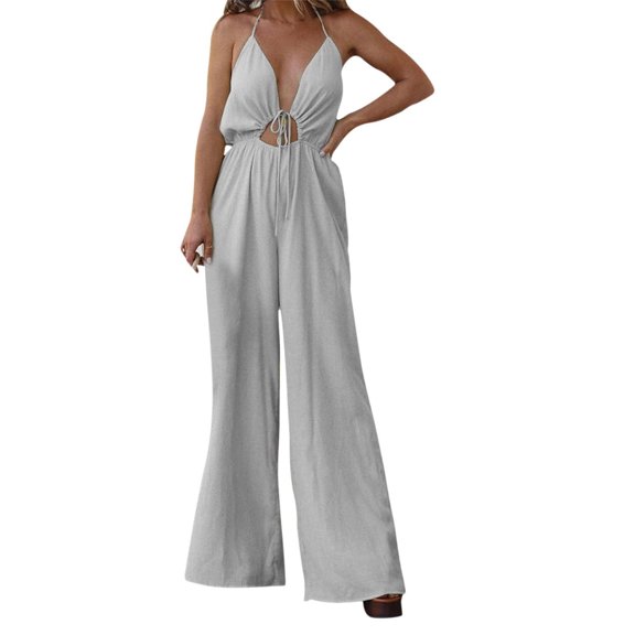 aidice Summer Womens Jumpsuits Drawstring Low Neck Sleeveless Ruched Lightweight Casual Wide Leg Rompers